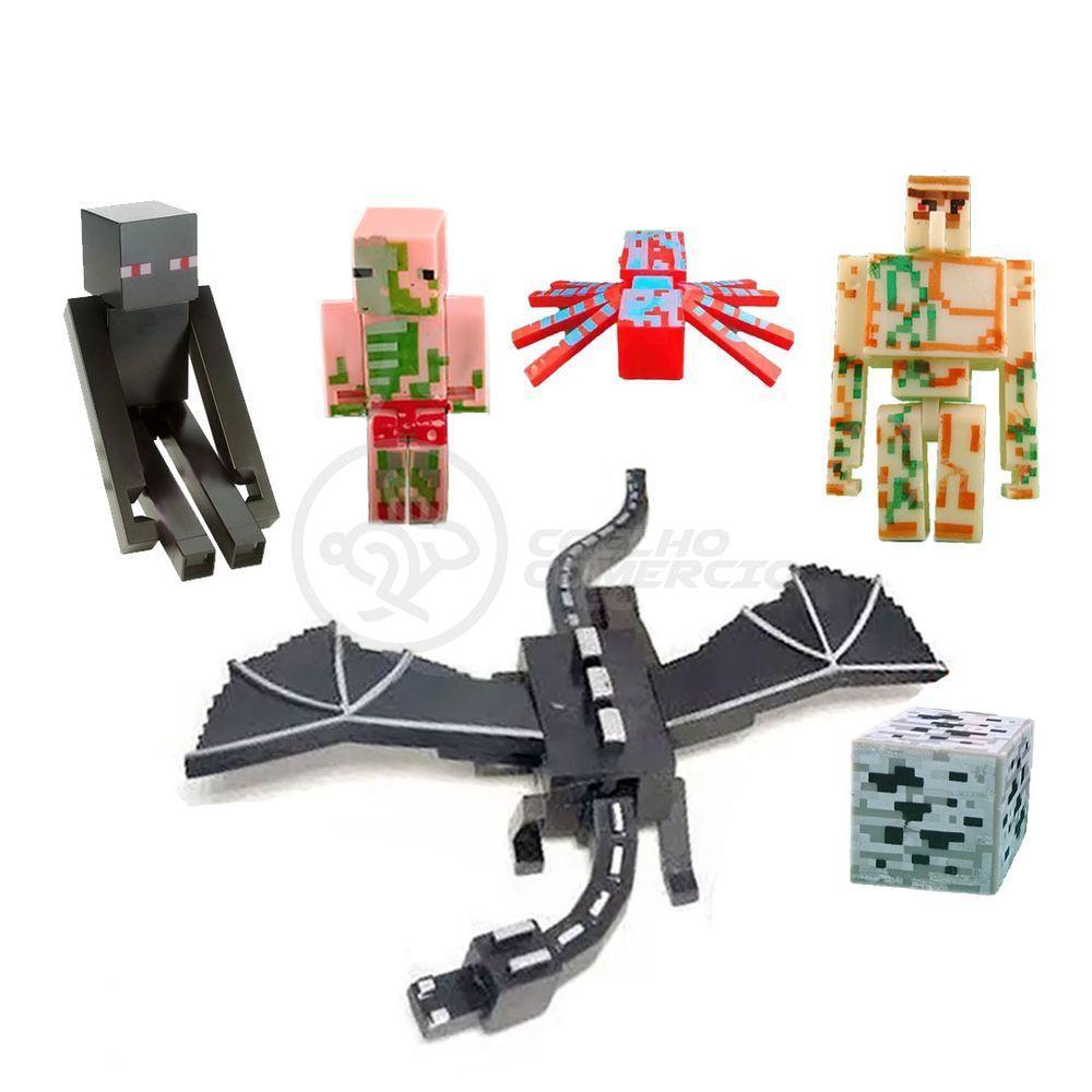 Kit 6 Cartela Minecraft Dragão 30 Bonecos + 6 Bloco Ender Dragon Brinquedo Infantil Bed Wars Pigman - 5