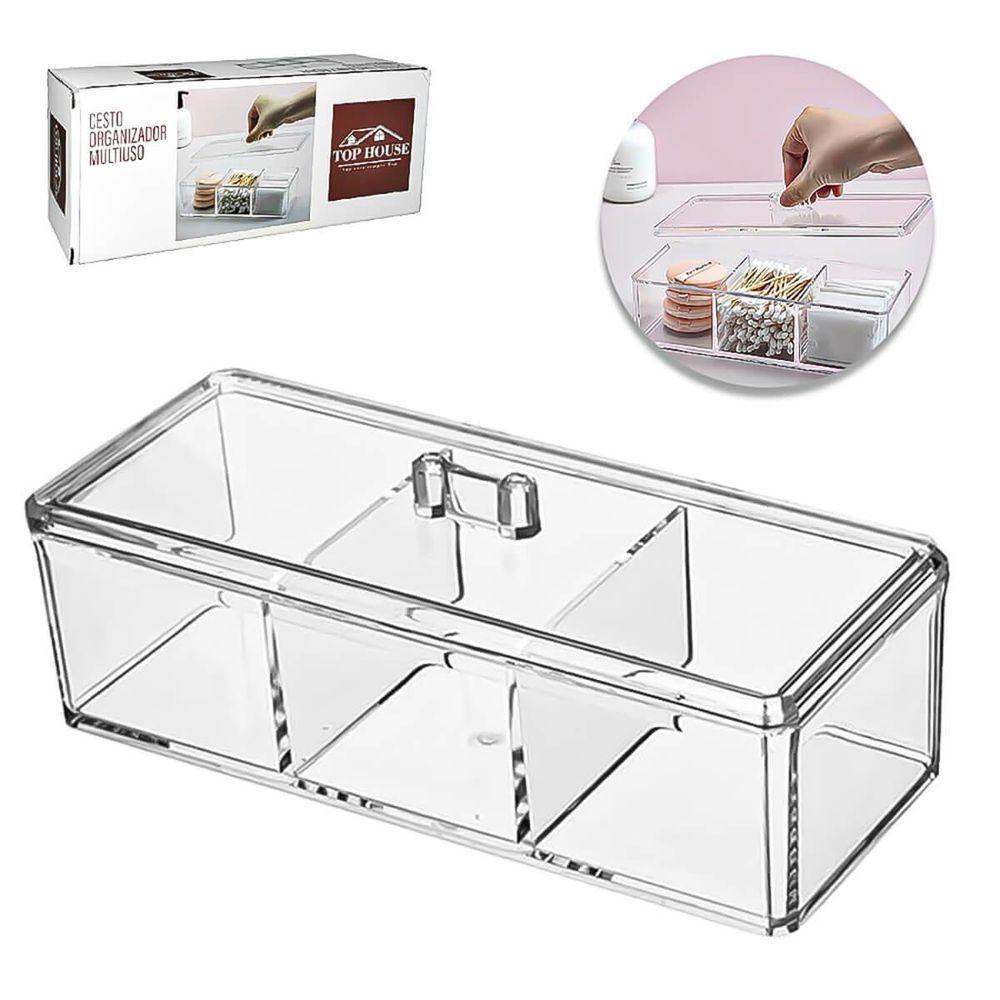 Organizador De Acrílico Multiuso Com Tampa 3 Divisórias Para Algodão, Cotonetes E Maquiagem - 2