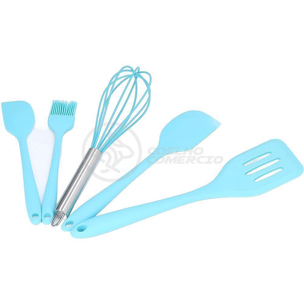 Kit De Cozinha 5 Utensílios De Silicone Resistente A Altas Temperaturas Conjunto Completo Azul - 2
