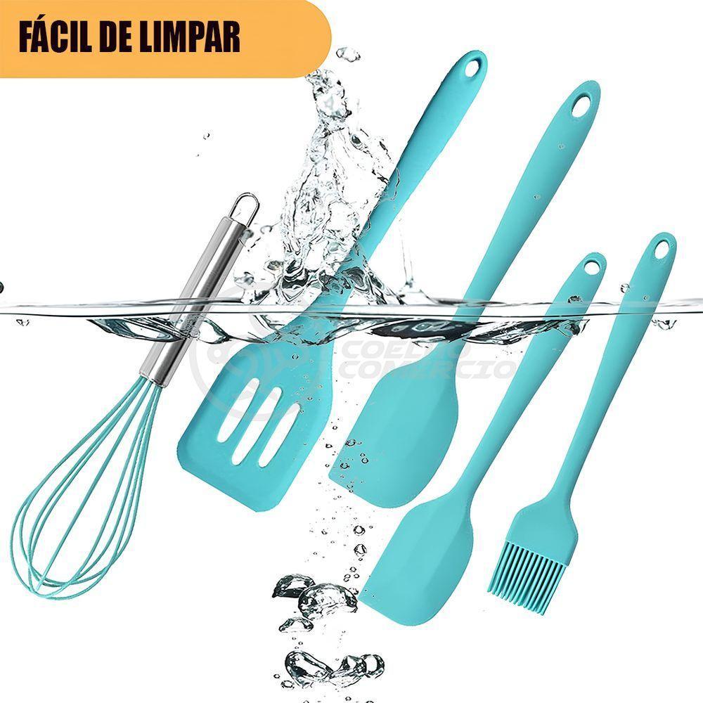 Kit De Cozinha 5 Utensílios De Silicone Resistente A Altas Temperaturas Conjunto Completo Azul - 3