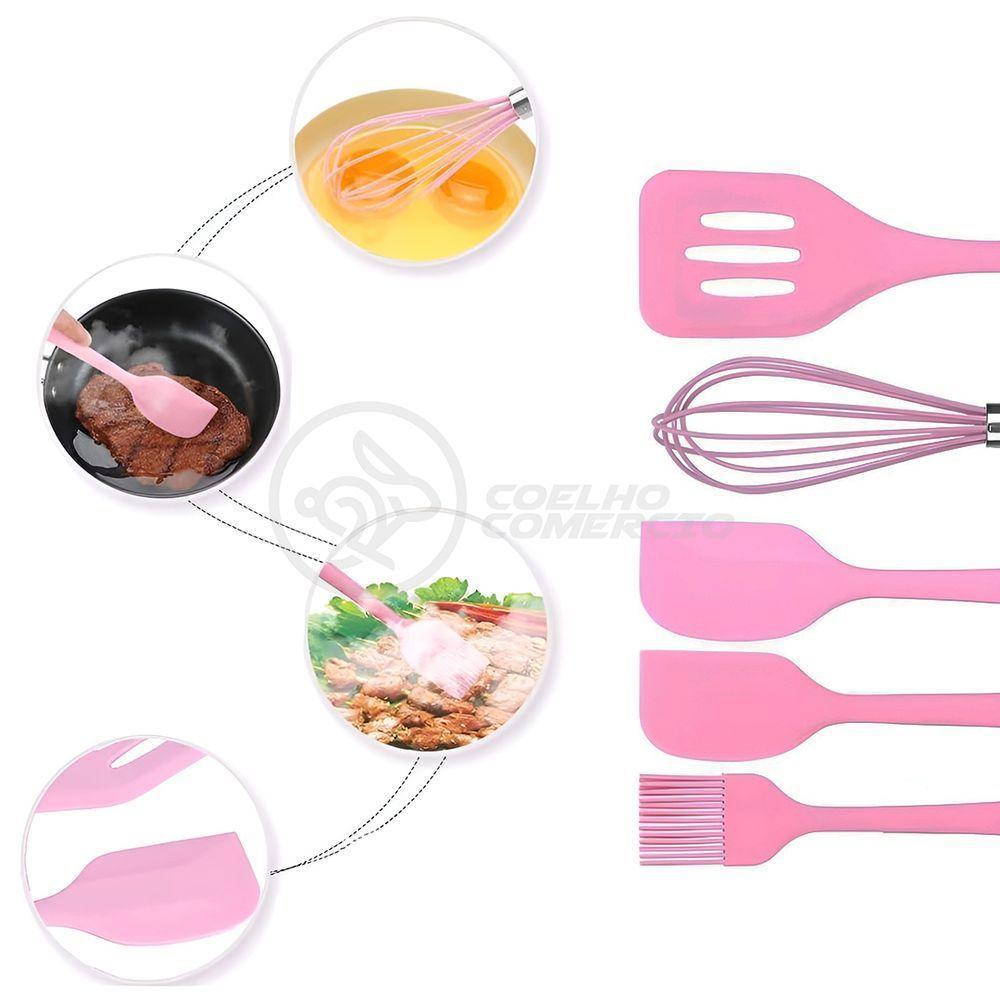 Kit De Cozinha 5 Utensílios De Silicone Resistente A Altas Temperaturas Conjunto Completo Rosa - 2