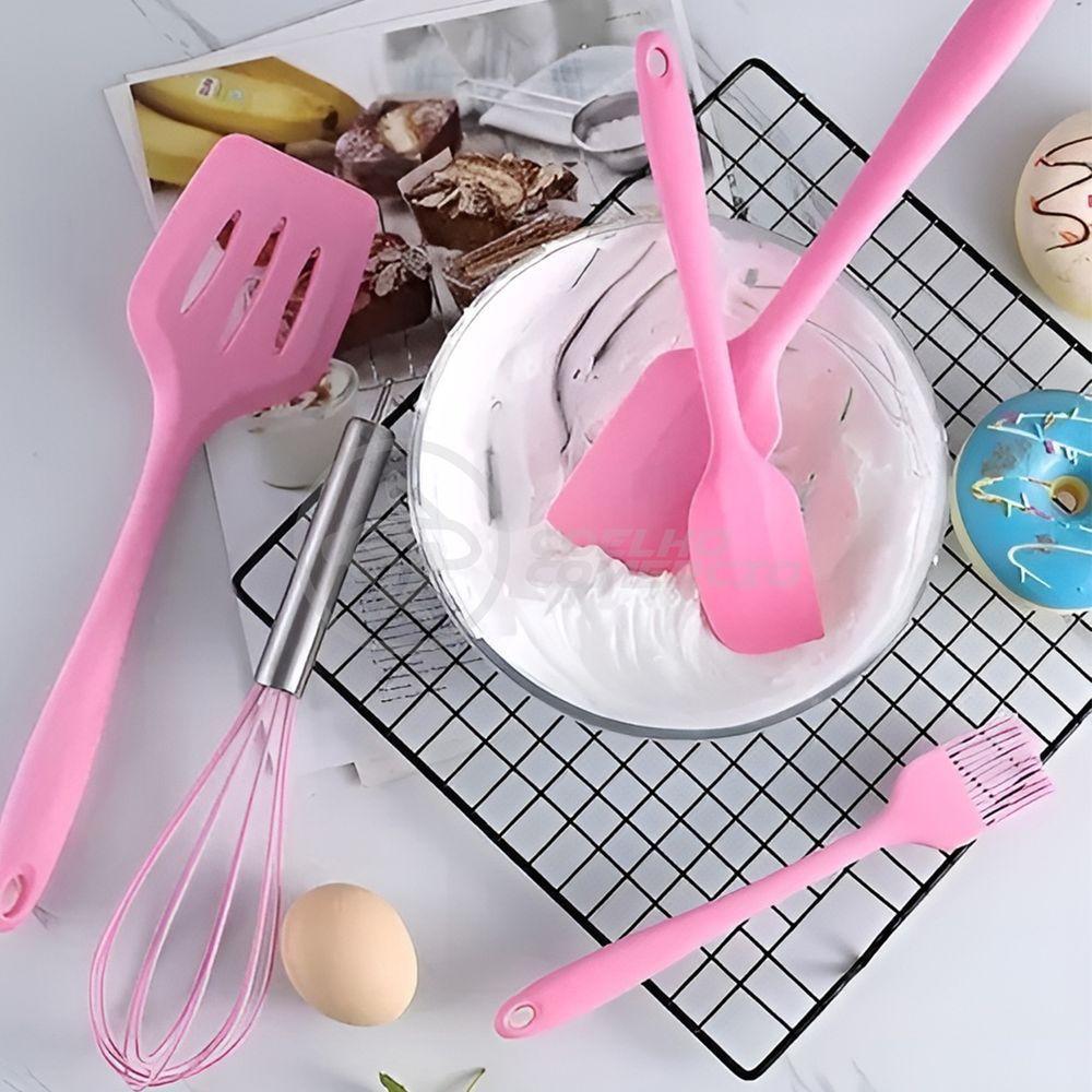 Kit De Cozinha 5 Utensílios De Silicone Resistente A Altas Temperaturas Conjunto Completo Rosa - 5