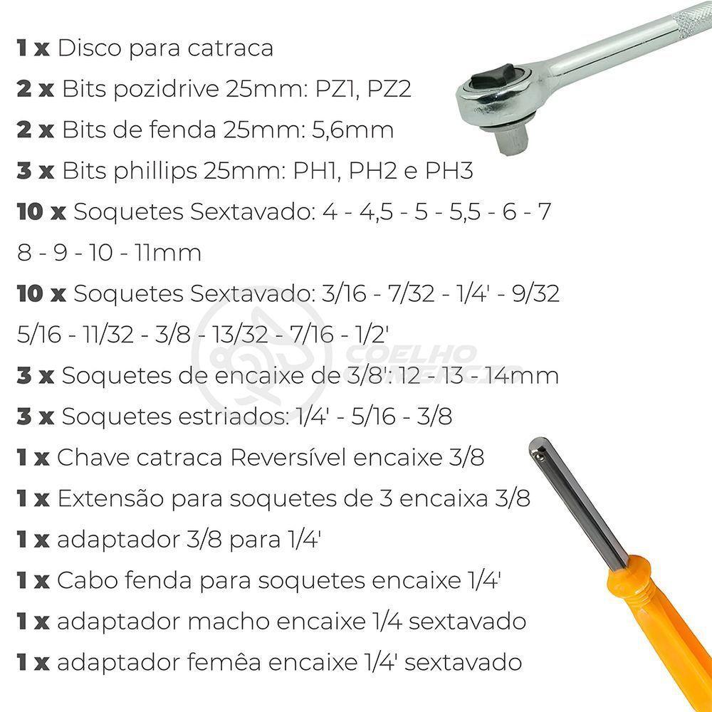 Kit Completo Jogo Chave Catraca Reversível Conjunto De Ferramentas Com 40 Soquetes De 1-4 E 3-8 - 5