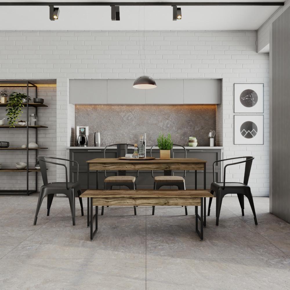 Mesa De Jantar Com 1 Banco Estilo Industrial Tub  Carvalho Dark / Est.preta - 3
