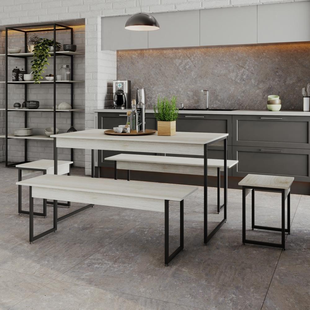 Mesa De Jantar Com 2 Bancos E 2 Banquetas Industrial Tub Snow / Est.preta - 2