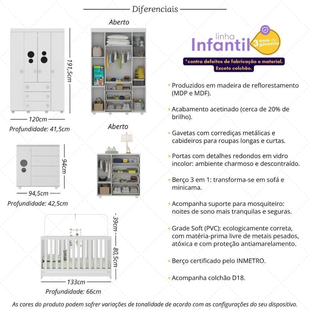 Quarto Infantil Completo Com Berço 3 Em 1 Com Colchão Incluso Multimóveis Mp4384 Branco - 3