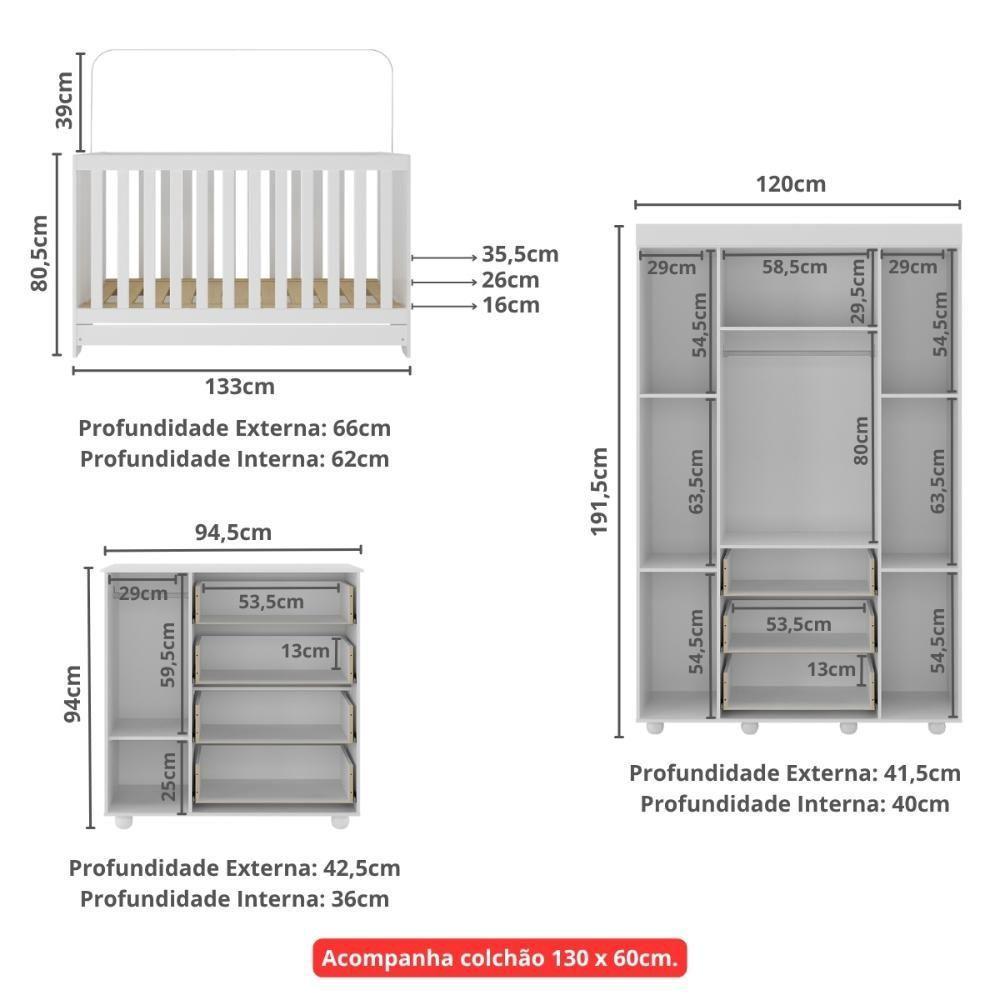 Quarto Infantil Completo Com Berço 3 Em 1 Com Colchão Incluso Multimóveis Mp4384 Branco - 8