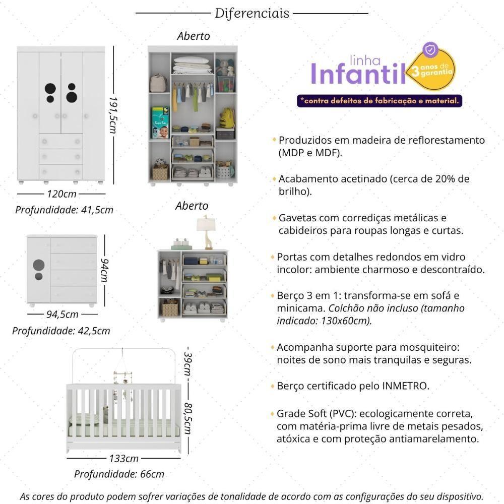 Quarto Infantil Completo Com Berço 3 Em 1 Para Colchão 130x60cm Multimóveis Mp4383 Branco - 3