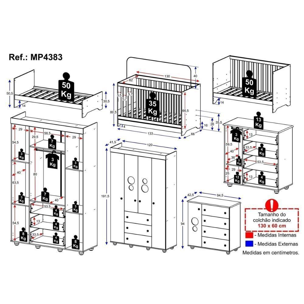 Quarto Infantil Completo Com Berço 3 Em 1 Para Colchão 130x60cm Multimóveis Mp4383 Branco - 4