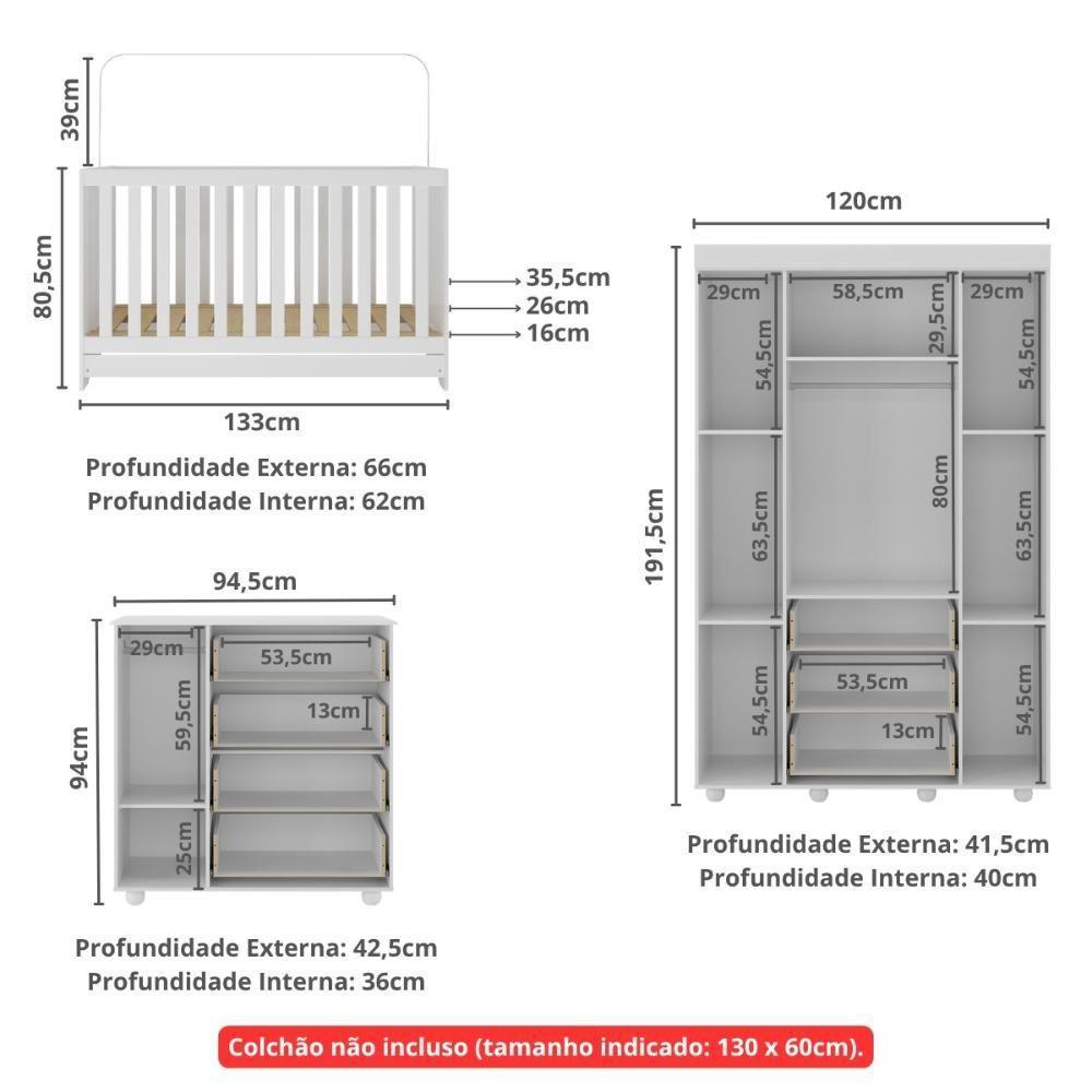 Quarto Infantil Completo Com Berço 3 Em 1 Para Colchão 130x60cm Multimóveis Mp4383 Branco - 8