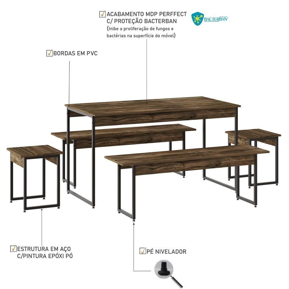 Mesa De Jantar Com 2 Bancos E 2 Banquetas Industrial Tub Carvalho Dark / Est.preta - 5