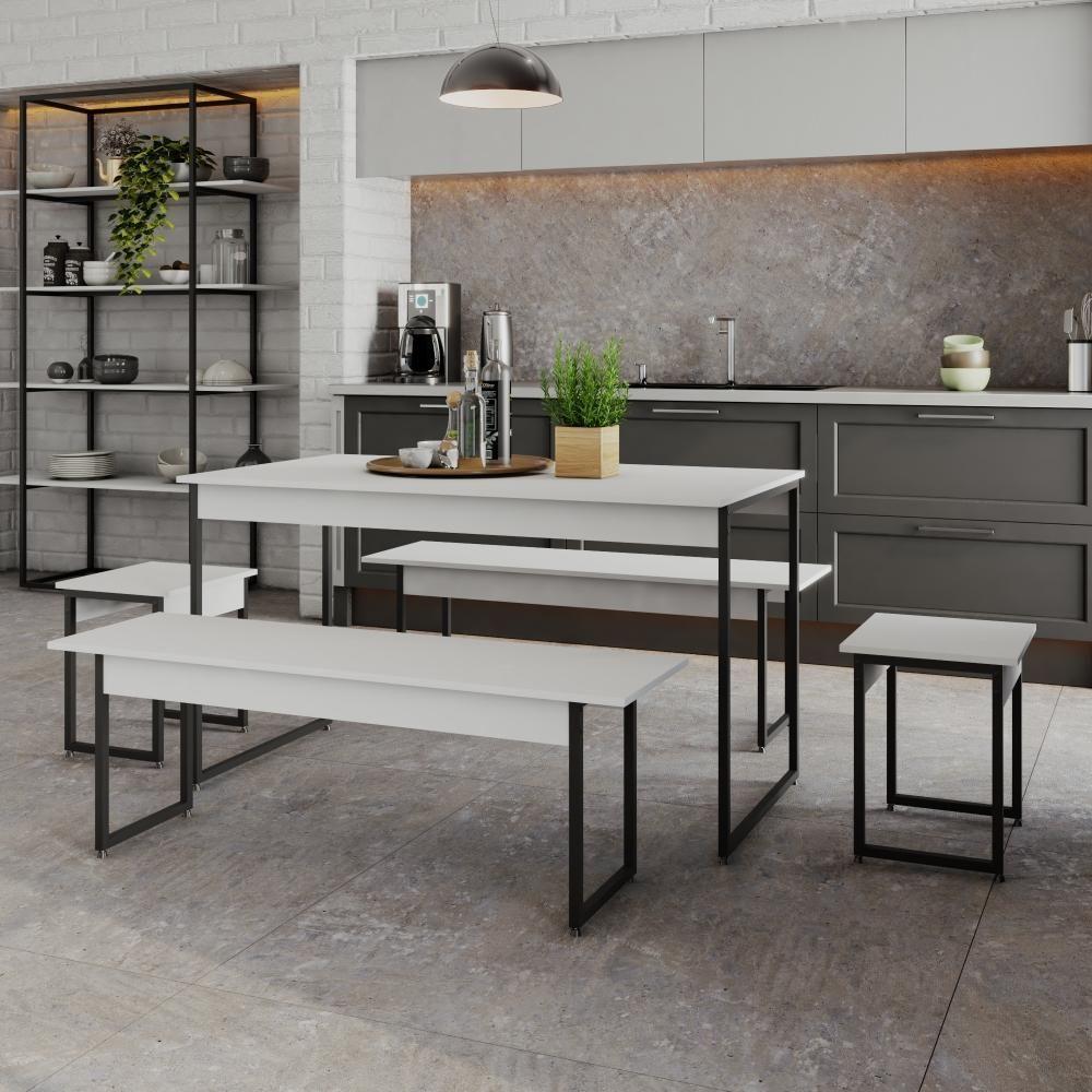 Mesa De Jantar Com 2 Bancos E 2 Banquetas Industrial Tub Branco Chess / Est.preta - 2