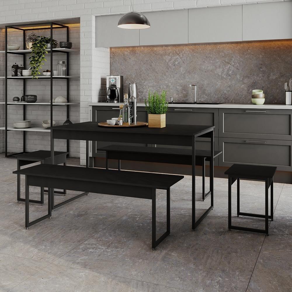 Mesa De Jantar Com 2 Bancos E 2 Banquetas Industrial Tub Preto ônix / Est.preta - 2
