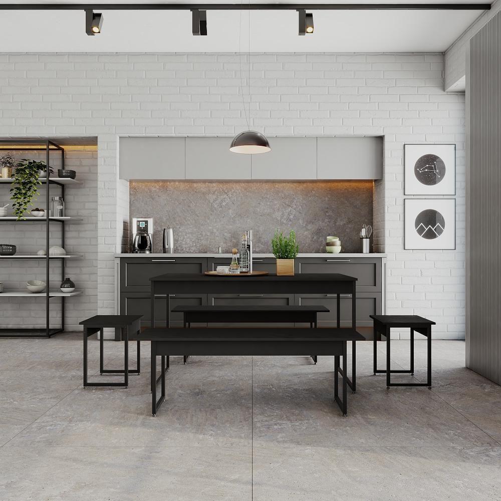 Mesa De Jantar Com 2 Bancos E 2 Banquetas Industrial Tub Preto ônix / Est.preta - 3