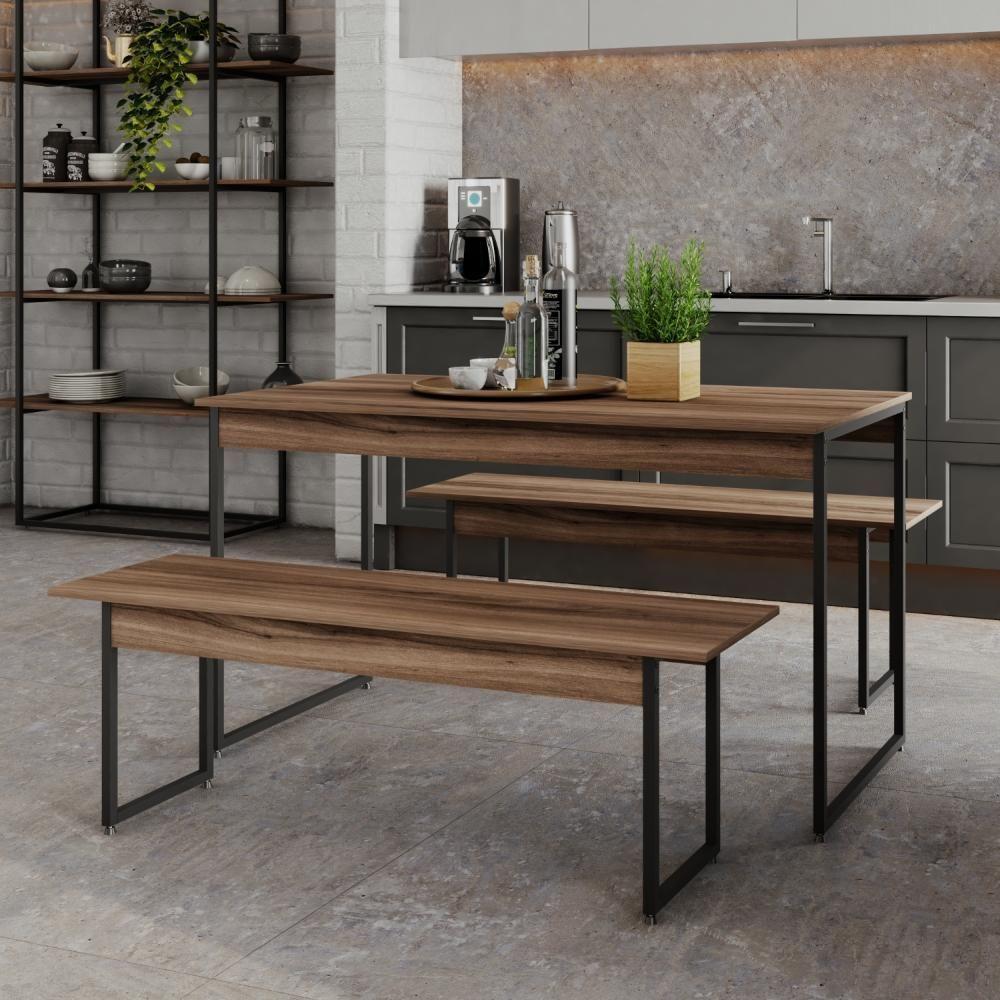 Mesa De Jantar Com 2 Bancos Estilo Industrial Tub  Nogal / Est.preta - 2