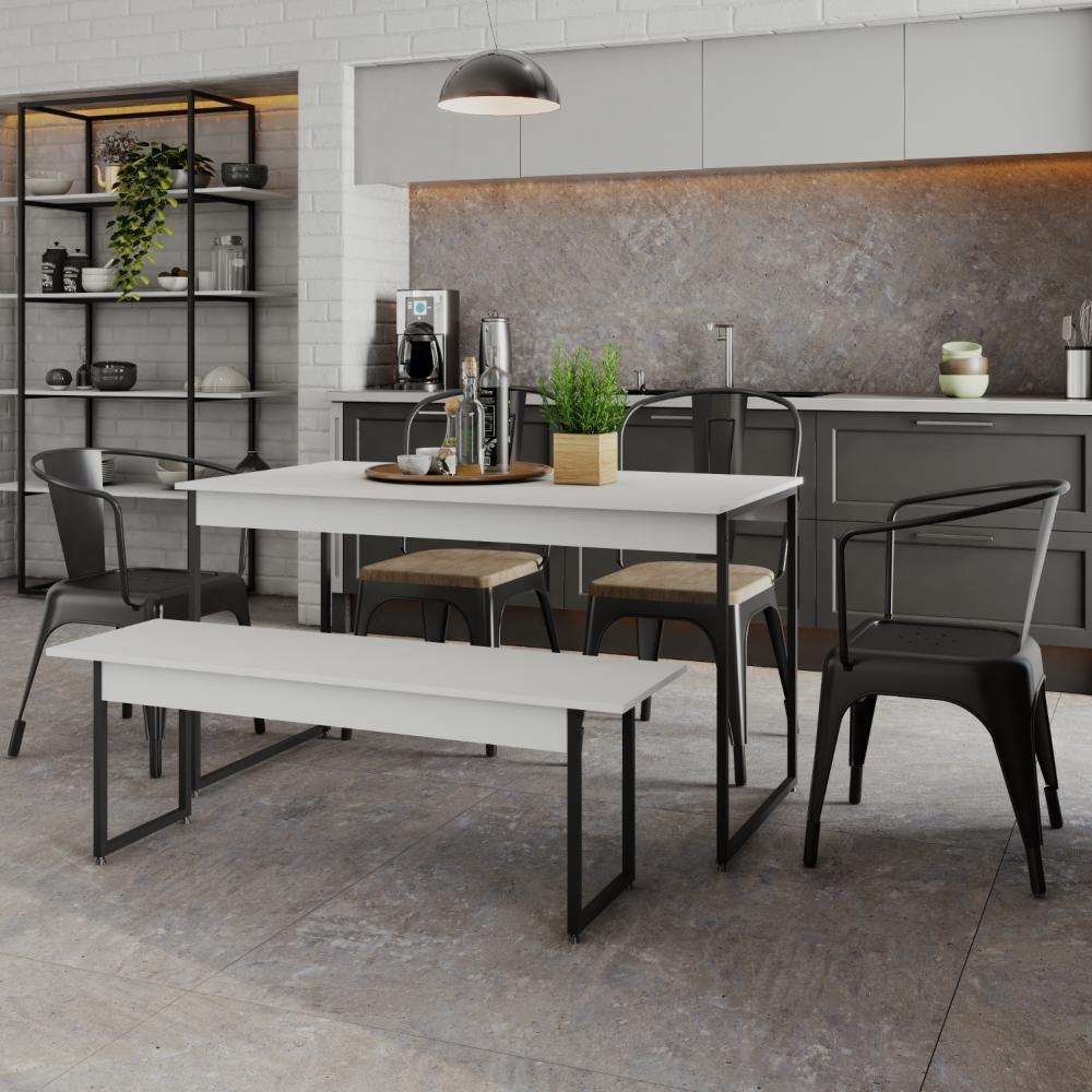 Mesa De Jantar Com 1 Banco Estilo Industrial Tub  Branco Chess / Est.preta - 2