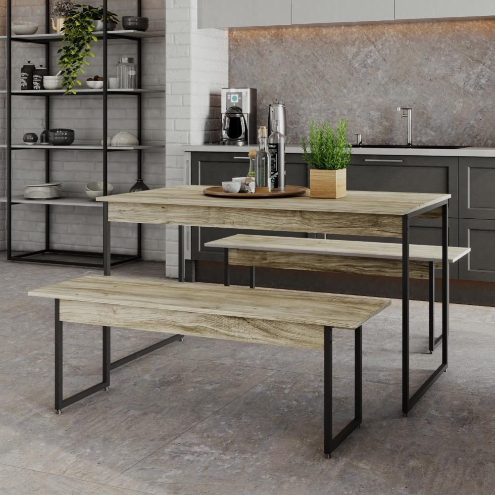 Mesa De Jantar Com 2 Bancos Estilo Industrial Tub  Carvalho / Est.preta - 2
