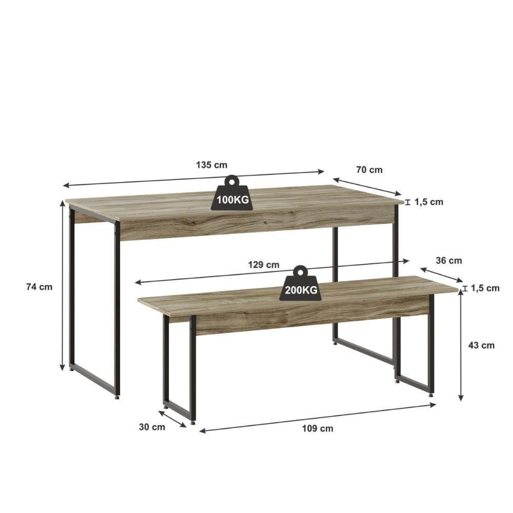 Mesa De Jantar Com 2 Bancos Estilo Industrial Tub  Carvalho / Est.preta - 4