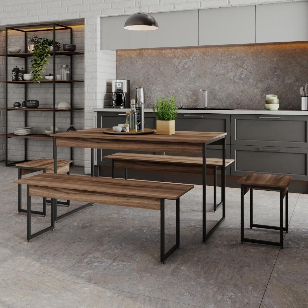Mesa De Jantar Com 2 Bancos E 2 Banquetas Industrial Tub Nogal / Est.preta - 2