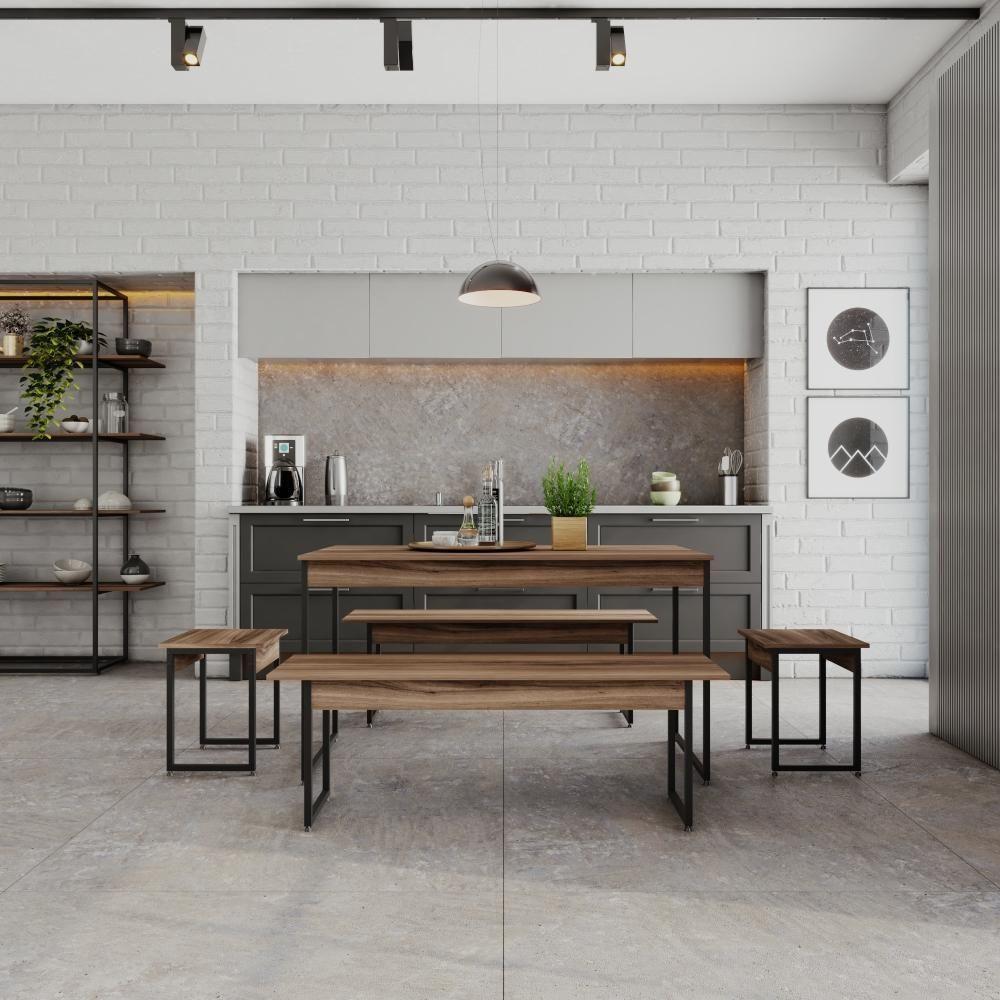 Mesa De Jantar Com 2 Bancos E 2 Banquetas Industrial Tub Nogal / Est.preta - 3