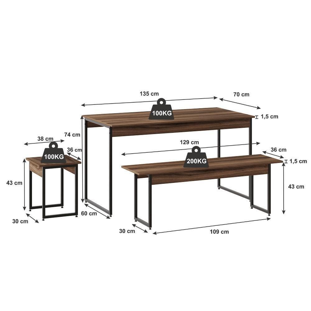 Mesa De Jantar Com 2 Bancos E 2 Banquetas Industrial Tub Nogal / Est.preta - 4