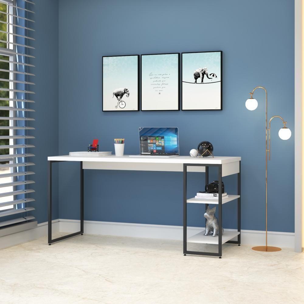 Mesa C/estante Baixa 150x64x75cm Com 02 Prateleiras Branco Chess / Est.preta - 6