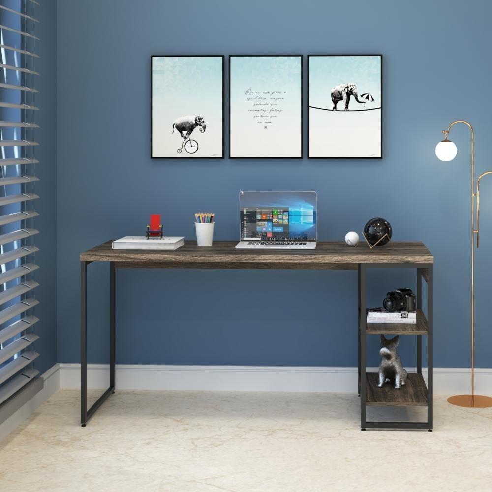 Mesa C/estante Baixa 150x64x75cm C/02 Prateleiras Carvalho Dark / Est.preta - 4