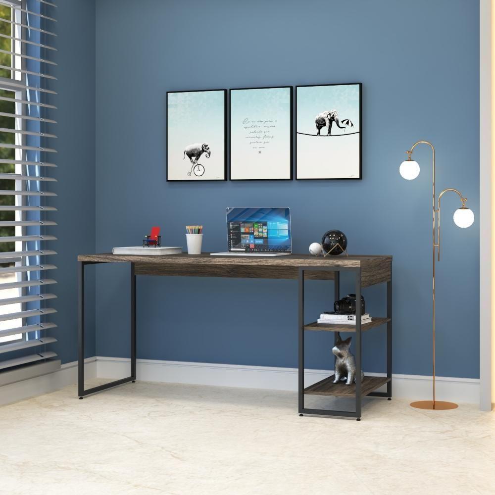 Mesa C/estante Baixa 150x64x75cm C/02 Prateleiras Carvalho Dark / Est.preta - 6