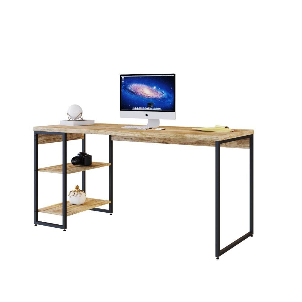 Mesa C/estante Baixa 150x64x75cm Com 02 Prateleiras Carvalho Est.preta - 2