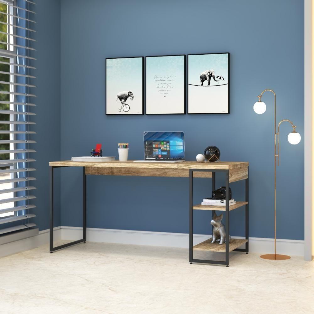 Mesa C/estante Baixa 150x64x75cm Com 02 Prateleiras Carvalho Est.preta - 6