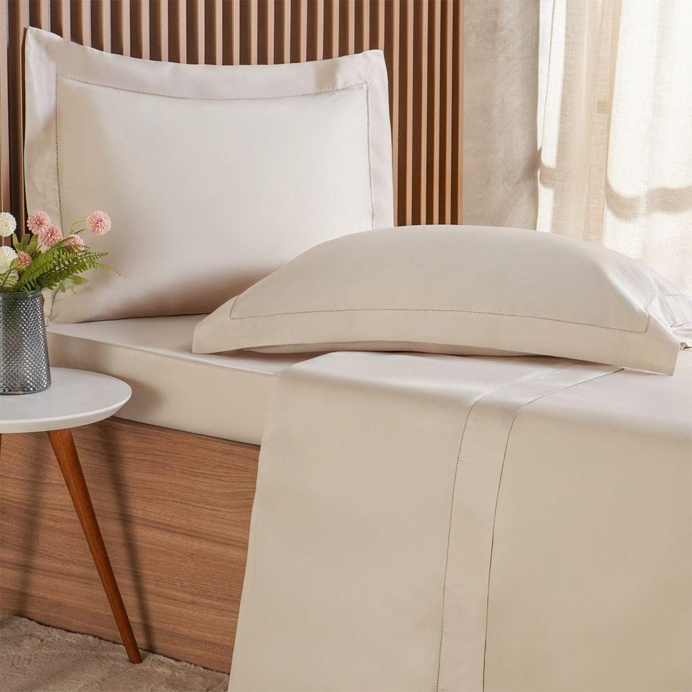 Jogo De Cama Casal 4 Pçs Ricamo 300 Fios 100% Algodão 140x190x30cm Biscuit - 1