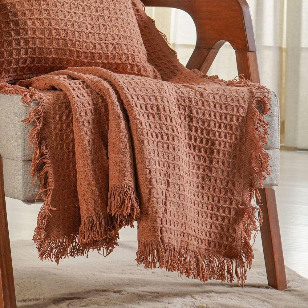 Kit Manta E 2 Almofada Decorativa Para Sofá Waffle 100% Algodão 120x150cm Terracota - 2