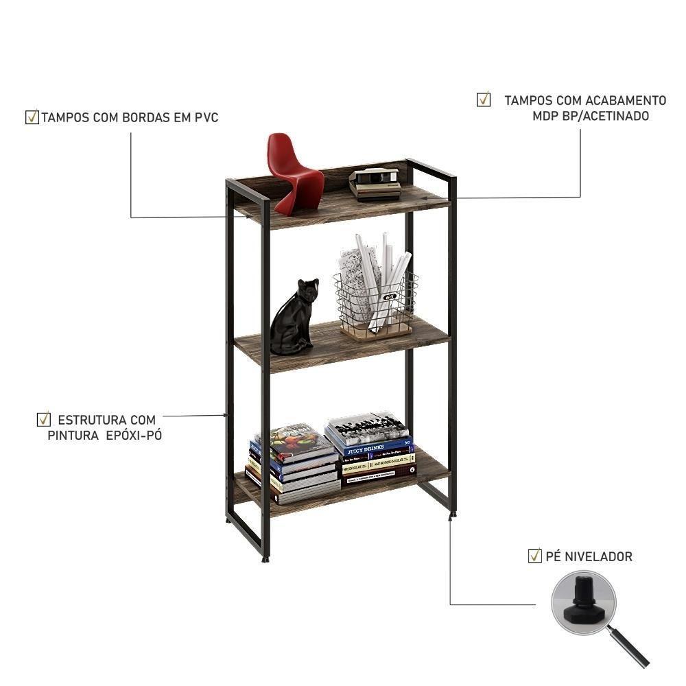 Estante Dynamica 60x30x104cm C/03 Prateleiras Carvalho Dark / Est.preta Carvalho Dark / Est.preta - 4