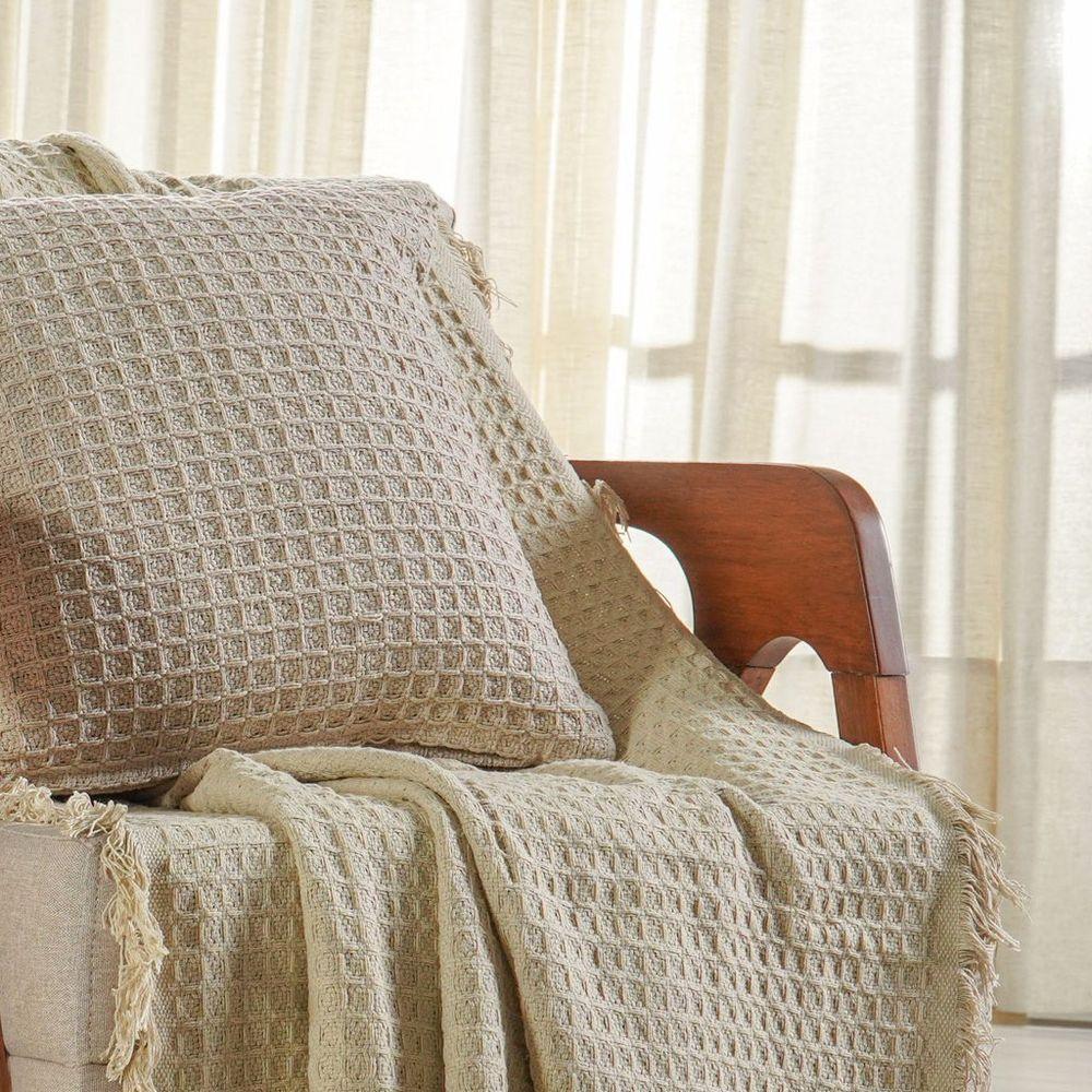 Kit Manta E 2 Almofada Decorativa Para Sofá Waffle 100% Algodão 120x150cm Amendoa - 6