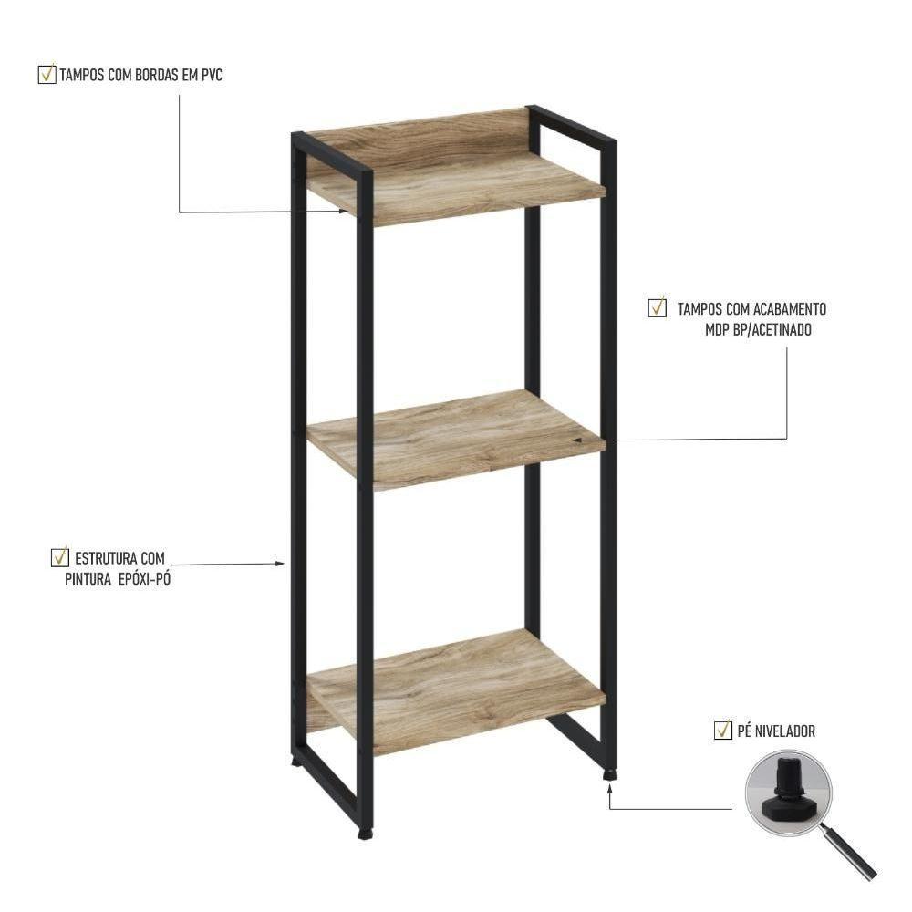 Estante Dynamica 45x30x104cm C/03 Prateleiras Carvalho / Est.preta Carvalho / Est.preta - 3