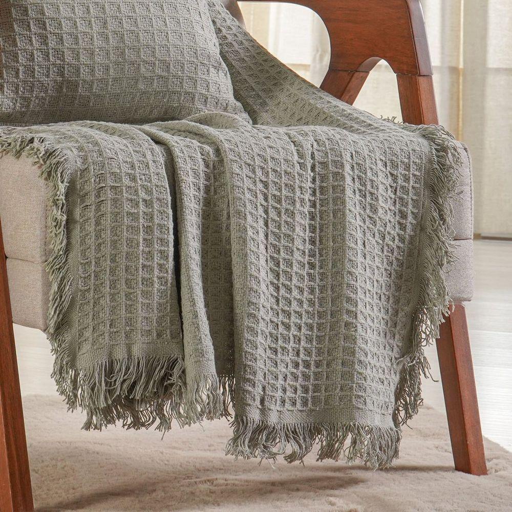 Manta Decorativa Para Sofá Waffle 100% Algodão 120x150cm Verde Alfafa - 3