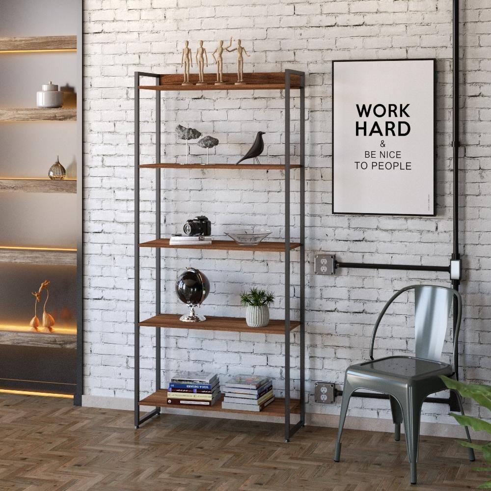 Estante Dynamica 80x30x187cm C/05 Prateleiras Nogal / Est.preta Nogal / Est.preta - 3