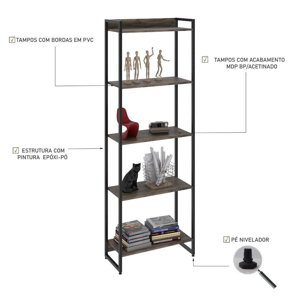 Estante Dynamica 60x30x187cm C/05 Prateleiras Carvalho Dark / Est.preta Carvalho Dark / Est.preta - 4