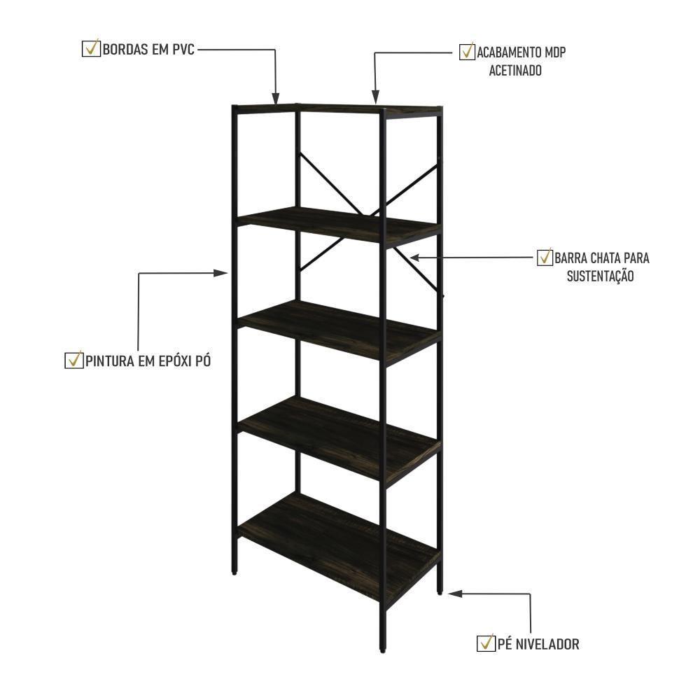 Estante C/05 Prateleiras 152x60x33cm Tub Tueh1565 Carvalho Dark - Est.preta Carvalho Dark / Est.preta - 3