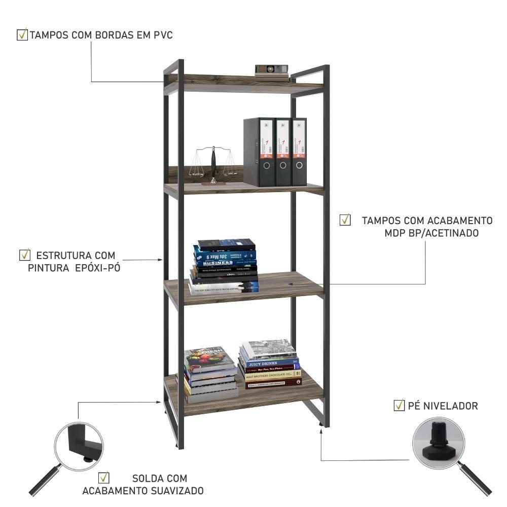 Estante Kuadra 60x40x146cm C/04 Prateleiras Carvalho Dark / Est.preta Carvalho Dark / Est.preta - 4