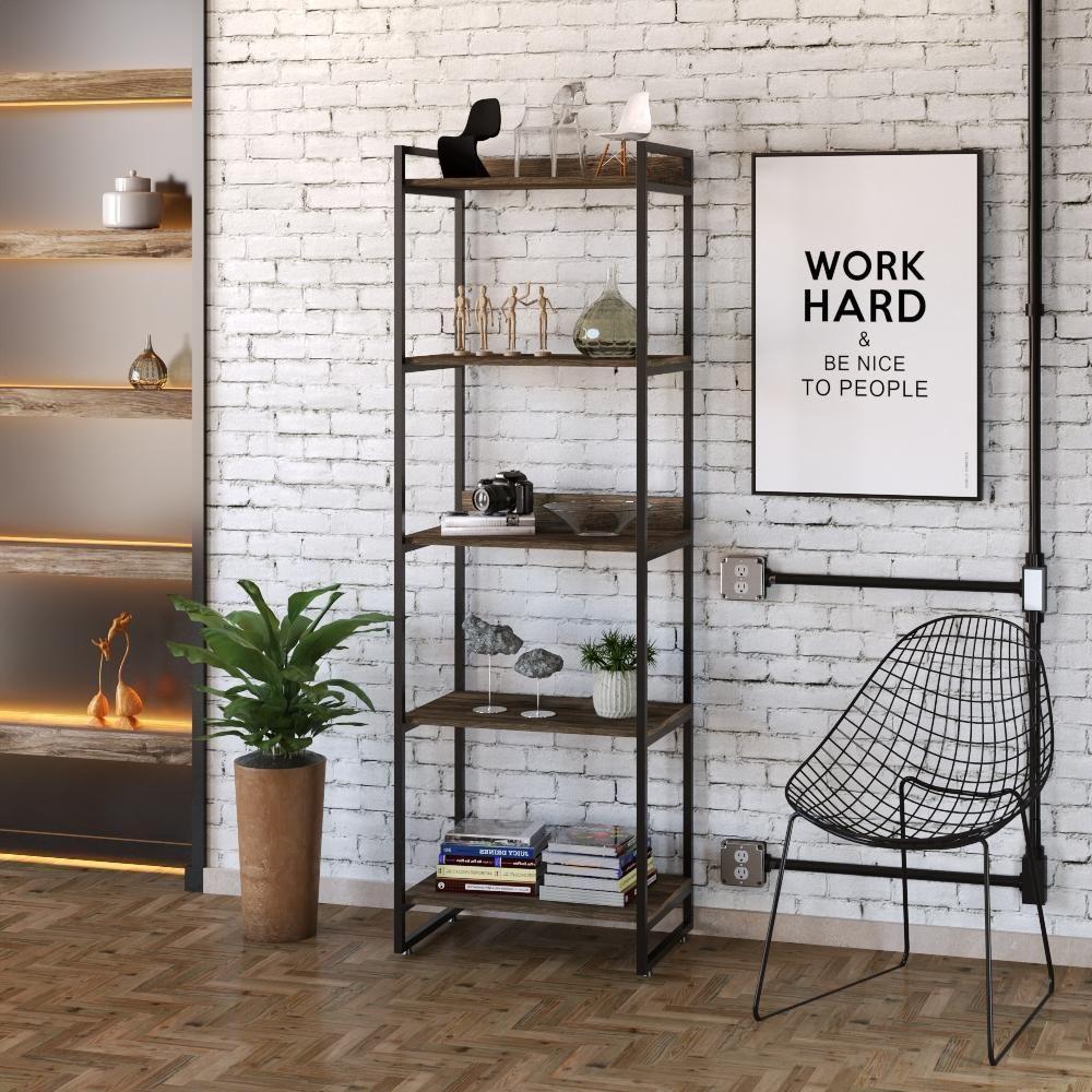 Estante Kuadra 60x40x187cm C/05 Prateleiras Carvalho Dark / Est.preta Carvalho Dark / Est.preta - 3