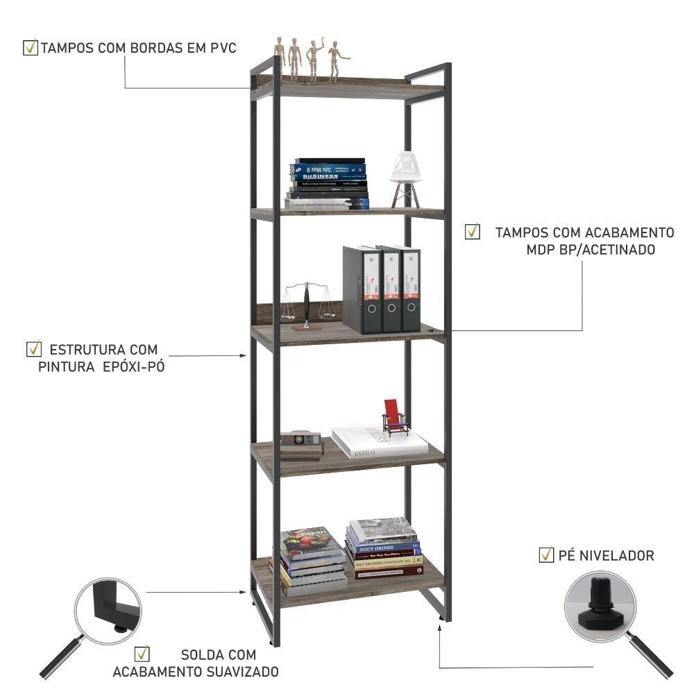 Estante Kuadra 60x40x187cm C/05 Prateleiras Carvalho Dark / Est.preta Carvalho Dark / Est.preta - 4