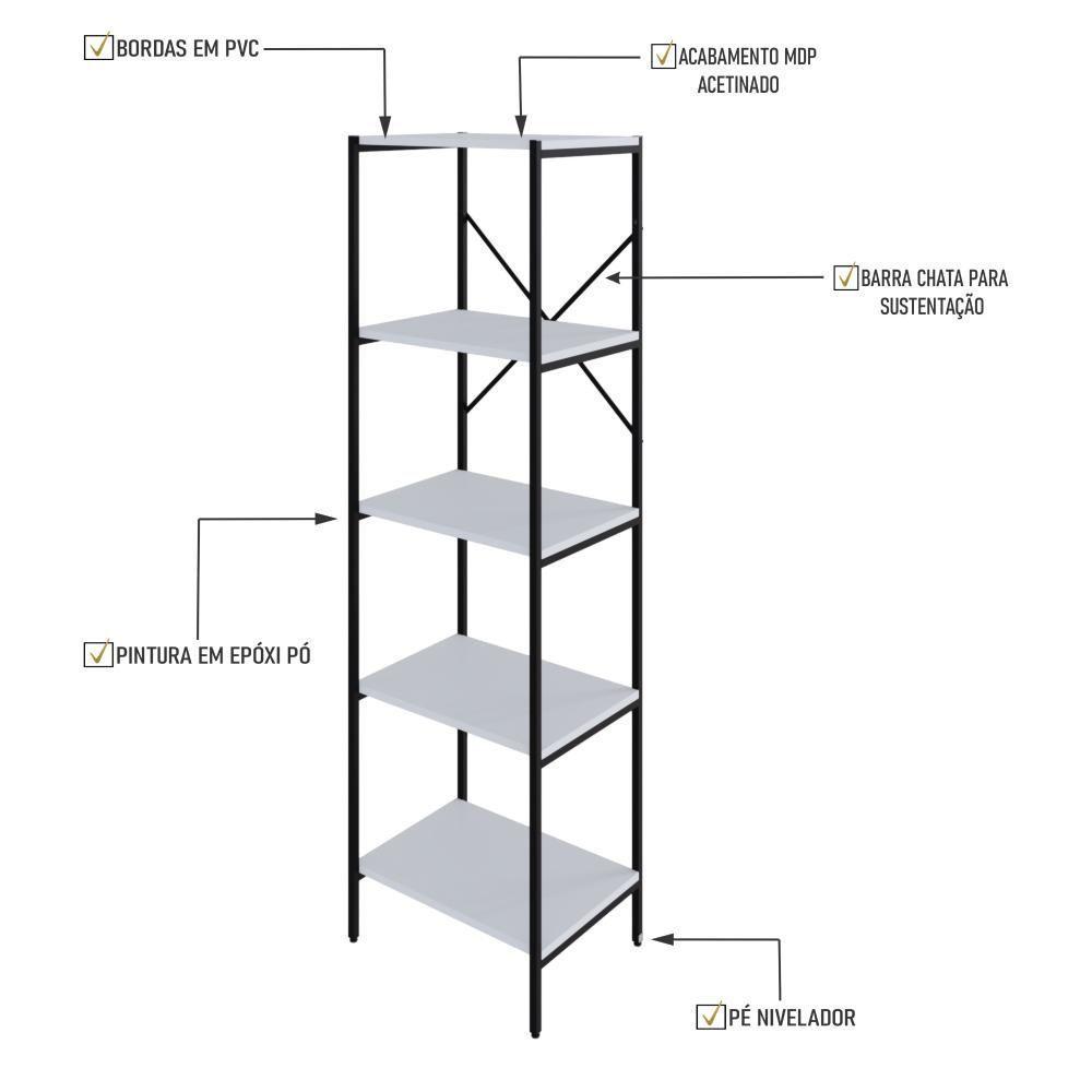 Estante C/05 Prateleiras 152x45x33cm Tub Tueh1545 Branco Chess - Est.preta Branco Chess / Est.preta - 3