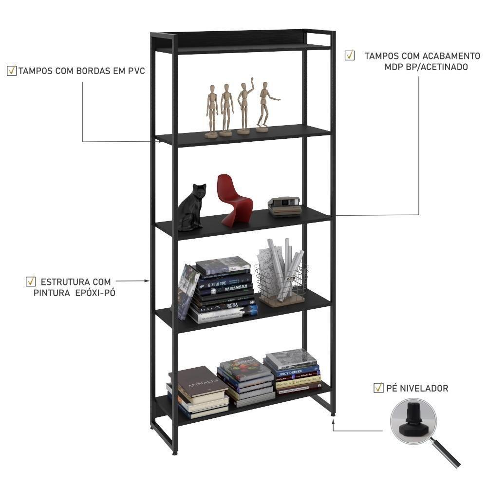 Estante Dynamica 80x30x187cm C/05 Prateleiras Preto ônix / Est.preta Preto ônix / Est.preta - 4
