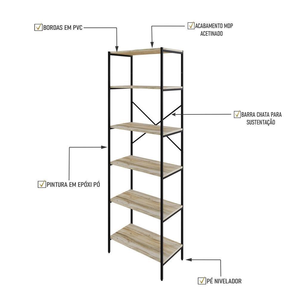 Estante C/06 Prateleiras 186x60x33cm Tub Tueh1866 Carvalho - Est.preta Carvalho / Est.preta - 3