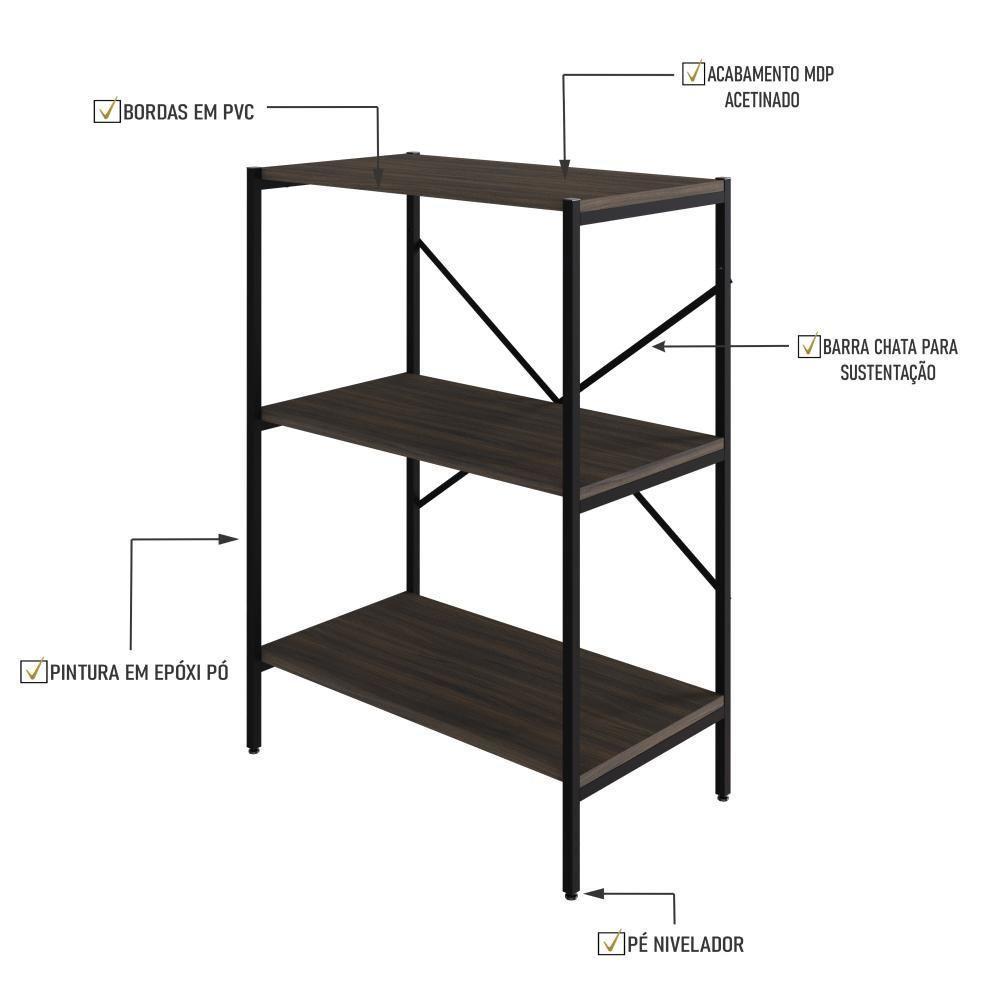 Estante C/03 Prateleiras 84x60x33cm Tub Tueh863 Nogal - Est.preta Nogal / Est.preta - 6
