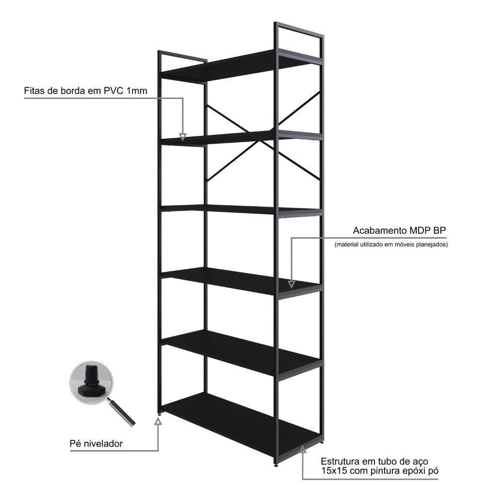 Estante Alta C/06 Prateleiras 185x80x33cm Yon Preto Tx/est.preta Preto Tx/est.preta - 3