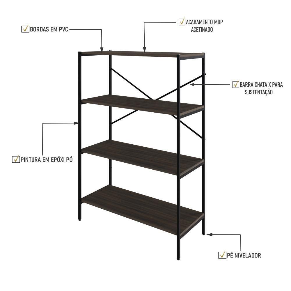 Estante C/04 Prateleiras 118x80x33cm Tub Tueh1184 Nogal - Est.preta Nogal / Est.preta - 3