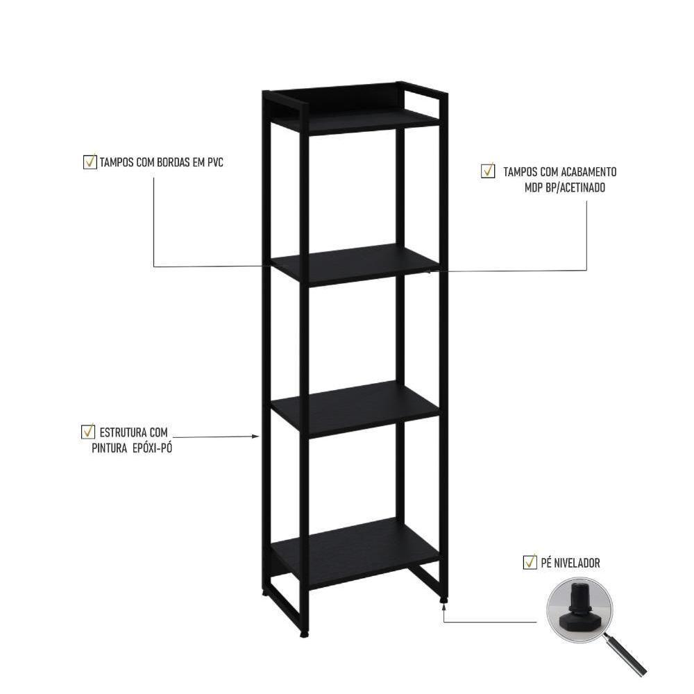 Estante Dynamica 45x30x146cm C/04 Prateleiras Preto ônix / Est.preta Preto ônix / Est.preta - 3