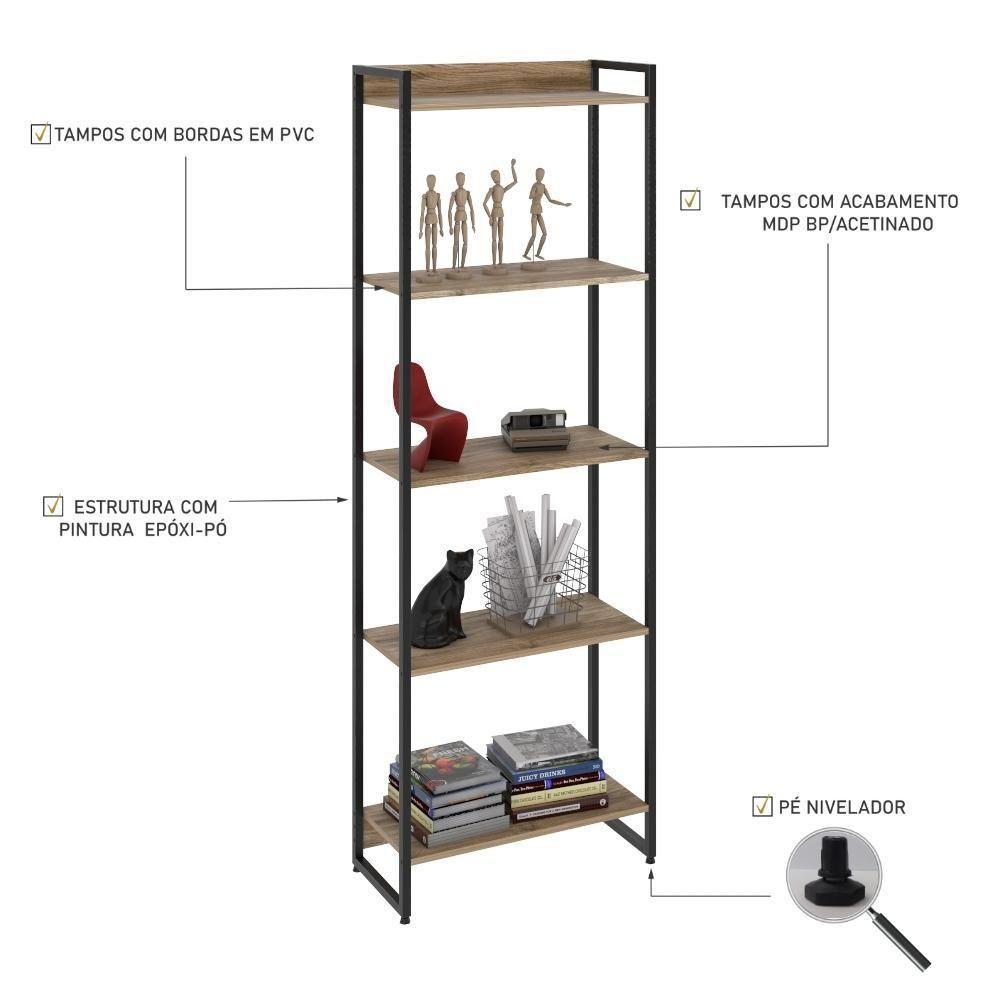 Estante Dynamica 60x30x187cm C/05 Prateleiras Carvalho / Est.preta Carvalho / Est.preta - 4